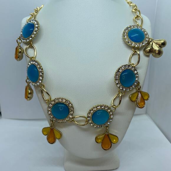 Handmade Jewelry - Gold-Tone Blue Yellow Orange Rhinestone Necklace